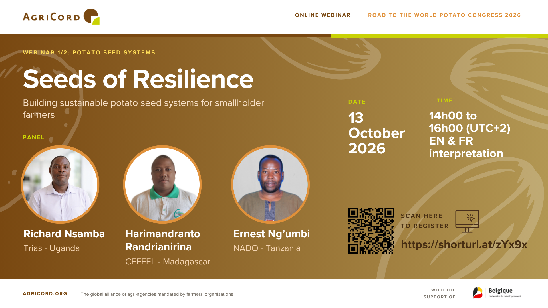Flyer for the webinar Seeds of Resilience: Building sustainable potato seed systems for smallholder farmers, 13 October 2026, 14:00 to 16:00 (UTC+2), with speakers Richard Nsamba, Harimandranto Randrianirina and Ernest Ng'umbi.